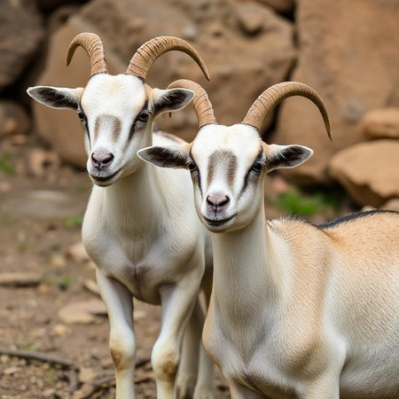 Portrait of a goat with horns in a zoo. Close-upの写真素材