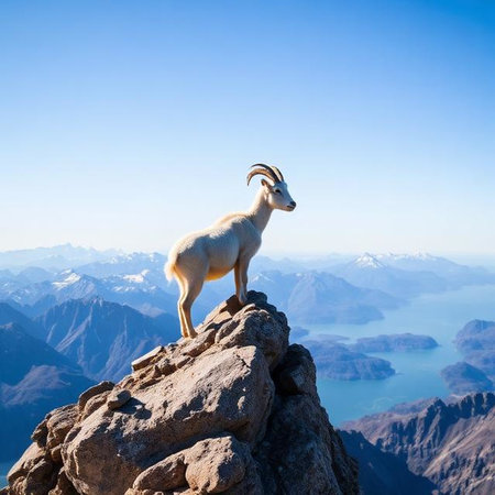 mountain goat on the top of the mountain in the rays of the sunの写真素材