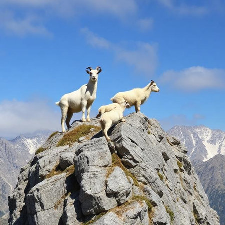 mountain goats on the top of a rockの写真素材
