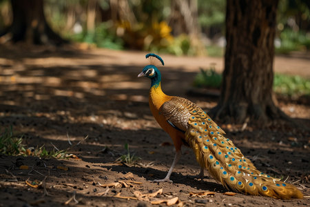 Peacock walking on the ground in the park, Thailand.