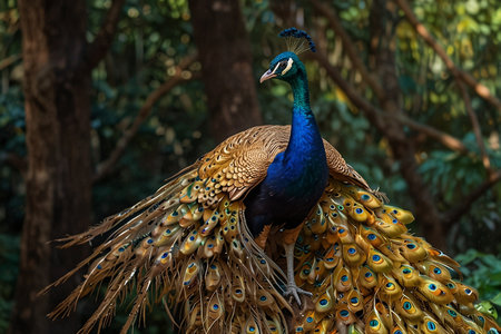 Beautiful peacock with feathers out in the jungle, Thailand.