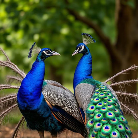 Beautiful peacock with feathers out in the nature. Close up.