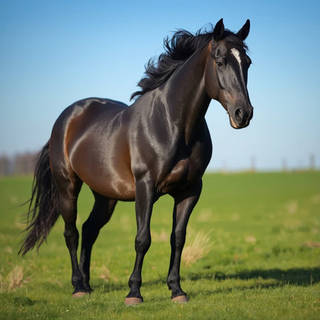 Beautiful black stallion with long mane on green meadow