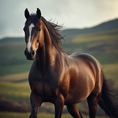 Beautiful bay horse with long mane on background of green hillsの写真素材