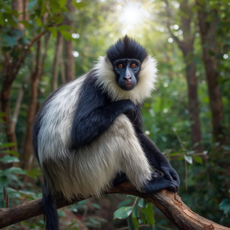 White and black lemur monkey sitting on a branch in the jungle