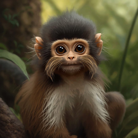 Portrait of a cute little monkey sitting on a tree branch.