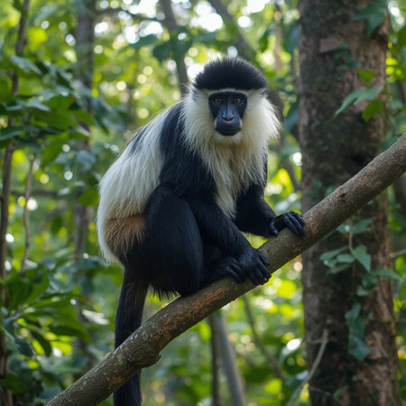 Black-and-white colobus monkey sitting on a branch