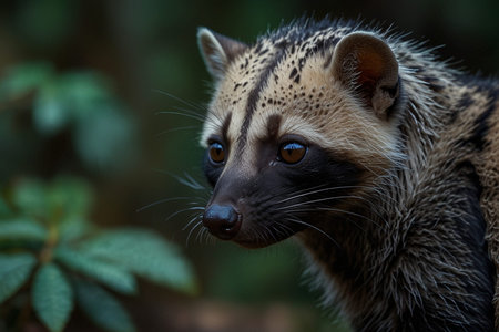Close-up portrait of a young raccoon in the jungle.