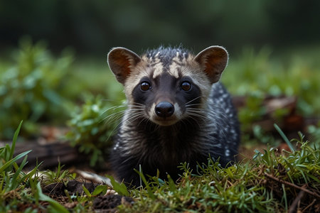Portrait of a raccoon in the grass looking at the camera