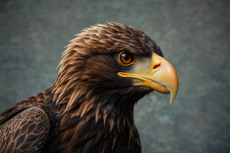 Close-up portrait of a Steller's sea eagle in front of gray background