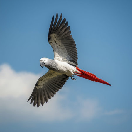 Grey parrot in flight.