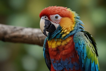 Colorful macaw parrot sitting on a branch in the forest