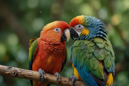 Couple of colorful macaw parrots sitting on a branch.