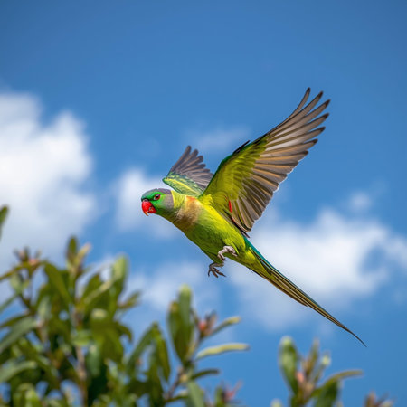 Beautiful Alexandrine Parakeet (Psittacula krameri) in flightの写真素材