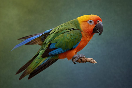 Beautiful colorful parrot sitting on a branch against a green background