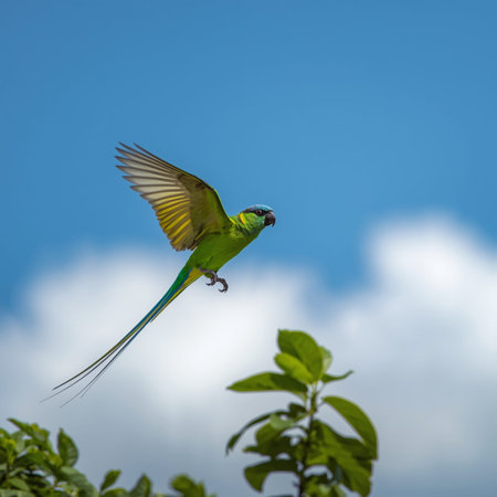Parakeet in flight on a background of blue sky with clouds