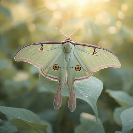 Butterfly on green leaf with sun light in the morning.の写真素材