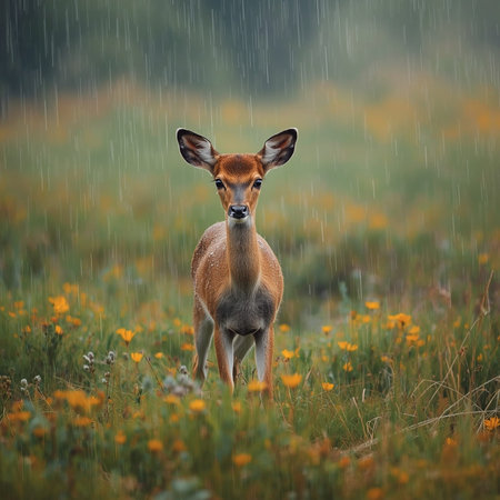 Young whitetail fawn in the rain. Wildlife scene from nature.の写真素材