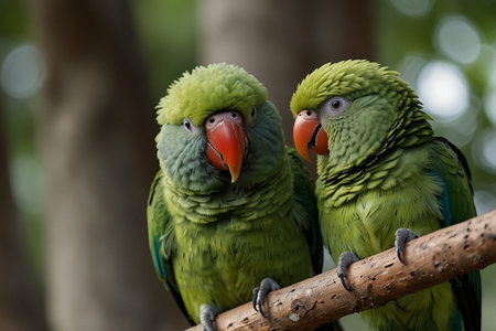 Couple of green amazon parrots sitting on a tree branch