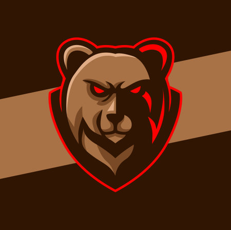 angry mad bear head logo mascot with shield label for powerful e-sport and sport designのイラスト素材