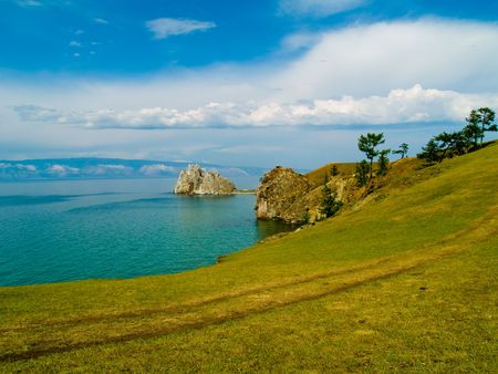 Russia, lake Baikal. A rock of Shamanka on cape Burhan. Island Olkhon.の写真素材