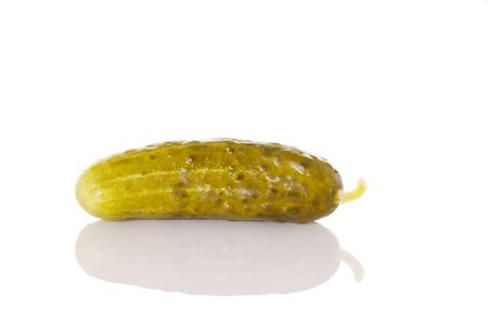 Single dill pickle with reflectionの写真素材