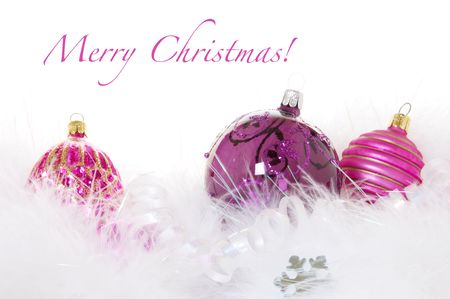 Ornaments, ribbon, and the words Merry Christmasの写真素材