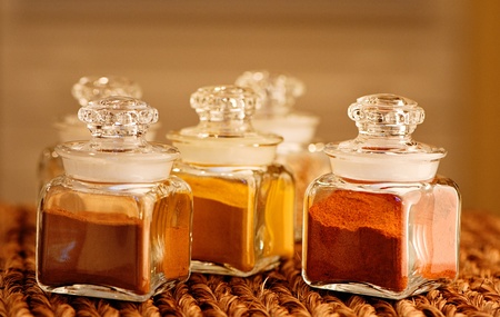 Glass jars of spicesの写真素材