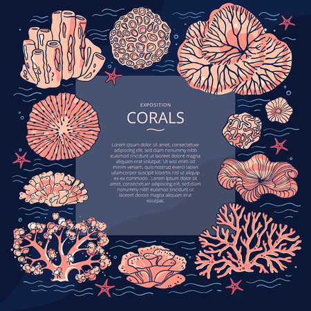 Design templates for brochures, business cards, covers, banners, with illustrations of corals. Vector flyer with corals around the text and wavy lines for design. Deep sea background. Branding design.のイラスト素材