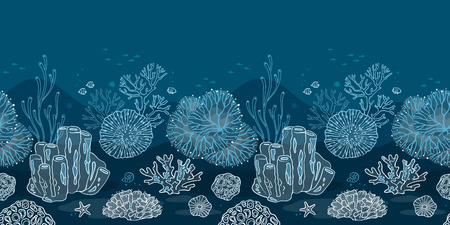 Seamless pattern with corals, algae, fish and starfish. Flat icons with sea plants and symbols. Set of color vector illustrations.のイラスト素材