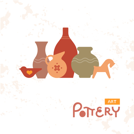 Different pottery vases in horizontal view. Handmade Ceramics Clay Pottery Workshop. Heritage Artisanal Creative Craft Pot Sign Concept.の写真素材