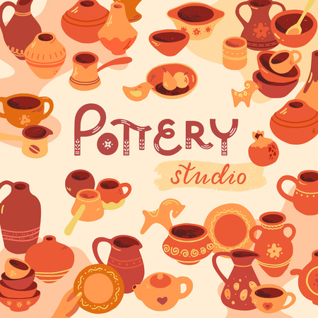 Pottery workshop, ceramics classes banner illustration. Hand building, sculpturing equipment. Art shop circle template with place for text. Vector line icon of clay studio tools.の写真素材