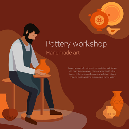 Potter sculpts the product on the machine. Vector illustration with place for text. Poster for clay modeling masterclass.のイラスト素材