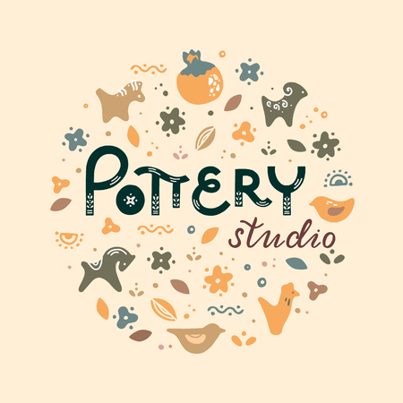 Circle template pottery workshop, ceramics classes banner illustration. Art shop template with lettering or place for text. Vector line icon of clay studio tools. Hand building, sculpturing equipment.のイラスト素材