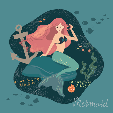 Vector illustration of a mermaid with flowing hair at the bottom of the ocean on a stone. Against the background of the seabed, anchors and other ocean elements. Mermaid lettering.の写真素材