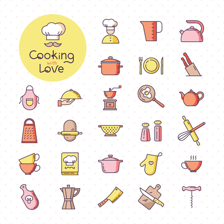 Set of pixel-perfect colorful kitchen icons, isolated on the white background. With lettering of cooking with love. Well tracked items of kitchen appliances.の写真素材