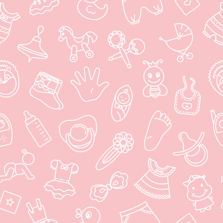 Seamless pattern of children toys and various children elements in pink. The pattern consists of linear children icons.のイラスト素材