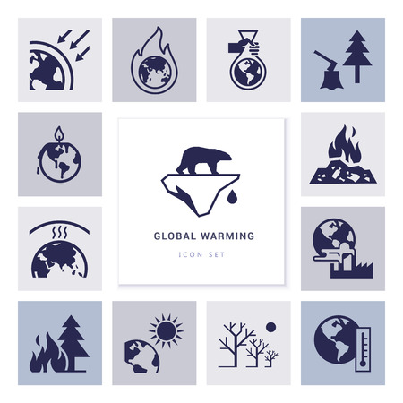 Global warming vector icons on the theme of ecology problems of our planet as a whole. Different variants of environmental icons in flat style isolated on background.の写真素材