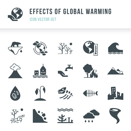 Set of global warming icons. Natural disasters caused by climate change. Effects of global warming icon vector set in flat style isolated on white background.の写真素材