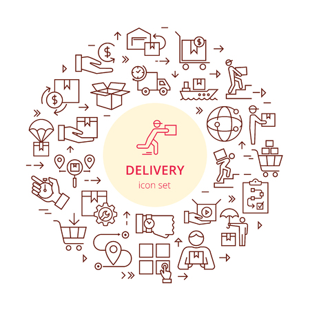 Circular template delivery logistic set in flat style with place for text. Baggage trolley, route, cash, 24 hours, sea shipping, cargo container, car delivery, warehouse.の写真素材