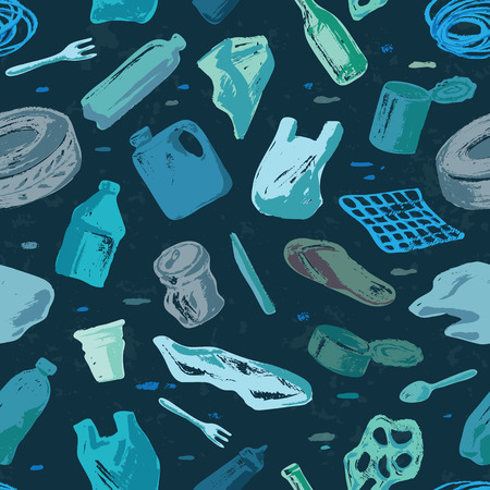 Seamless pattern ocean pollution. Keep the sea, plastic free concept. Vector illustration Hand drew doodle symbols collection. Vector Illustration Colorful Plastic Bottles on White Background.のイラスト素材