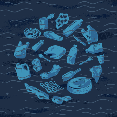 The circular dark concept of the ecological catastrophe of garbage in the sea. The problems with chemical wastes disposal. An environmental disaster of plastic debris and straws in the ocean.のイラスト素材