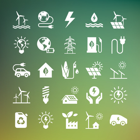 Eco collection with various icons on the theme of ecology and green energy. Isolated, editable and scalable icons. Set of eco vector icons in flat style isolated on dark background.のイラスト素材