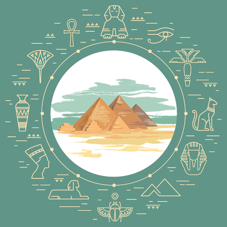 Colorful vector illustration of the pyramid of Giza, Egypt hand-drawn and landmarks icons in linear style isolated on background. Egypt tourist poster.のイラスト素材