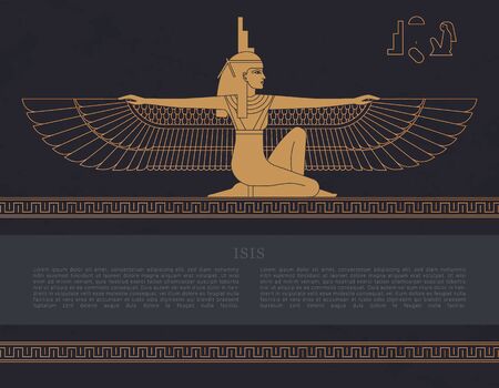 Vector design template Egyptian fertility goddess Isis isolated on the hand-drawn background from Egyptian pyramids, a symbol of femininity and marital fidelity, goddess of navigation.のイラスト素材