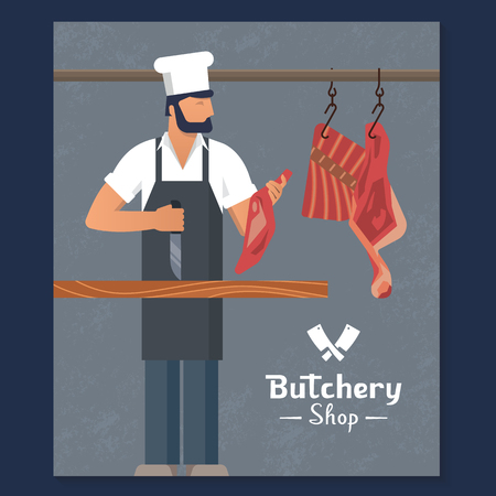 Dark vector illustration logo for a butchers shop with a bearded butchers at work with a book and a knife in his hands and meat in the background. With space for text.のイラスト素材