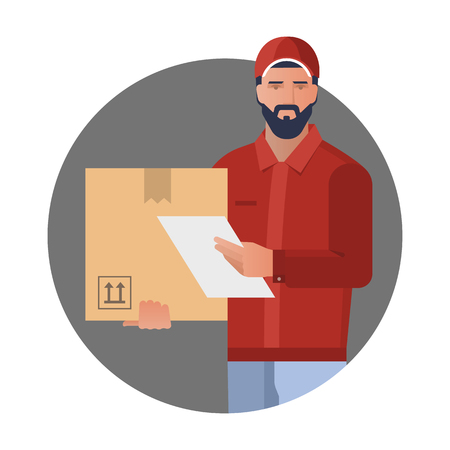 Vector design concept with illustration of a bearded courier man from a cargo delivery service with a box in his hands. There is a place for the title and text. Delivery banner design.のイラスト素材
