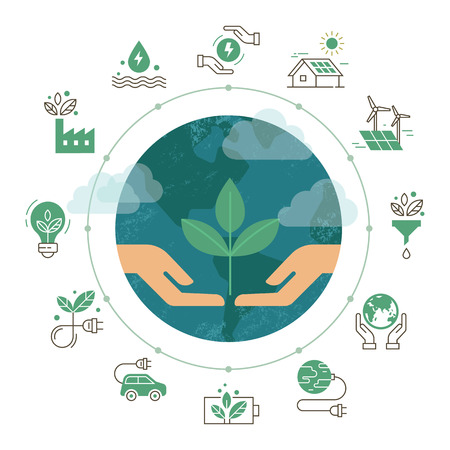 Vector illustration with set of icons isolated on white background on the theme of ecology, green and clean energy, renewable energy.のイラスト素材