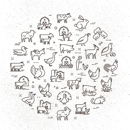 Large circular vector icon set of rural animals in linear style for logos, presentations and the web. Icons are isolated on shabby paper background.のイラスト素材