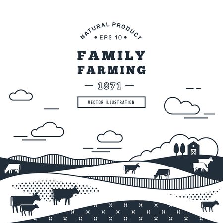 Vector illustration - horizontal seamless pattern family farm with a place for text and logo in black and white color. Text can also be removed.のイラスト素材